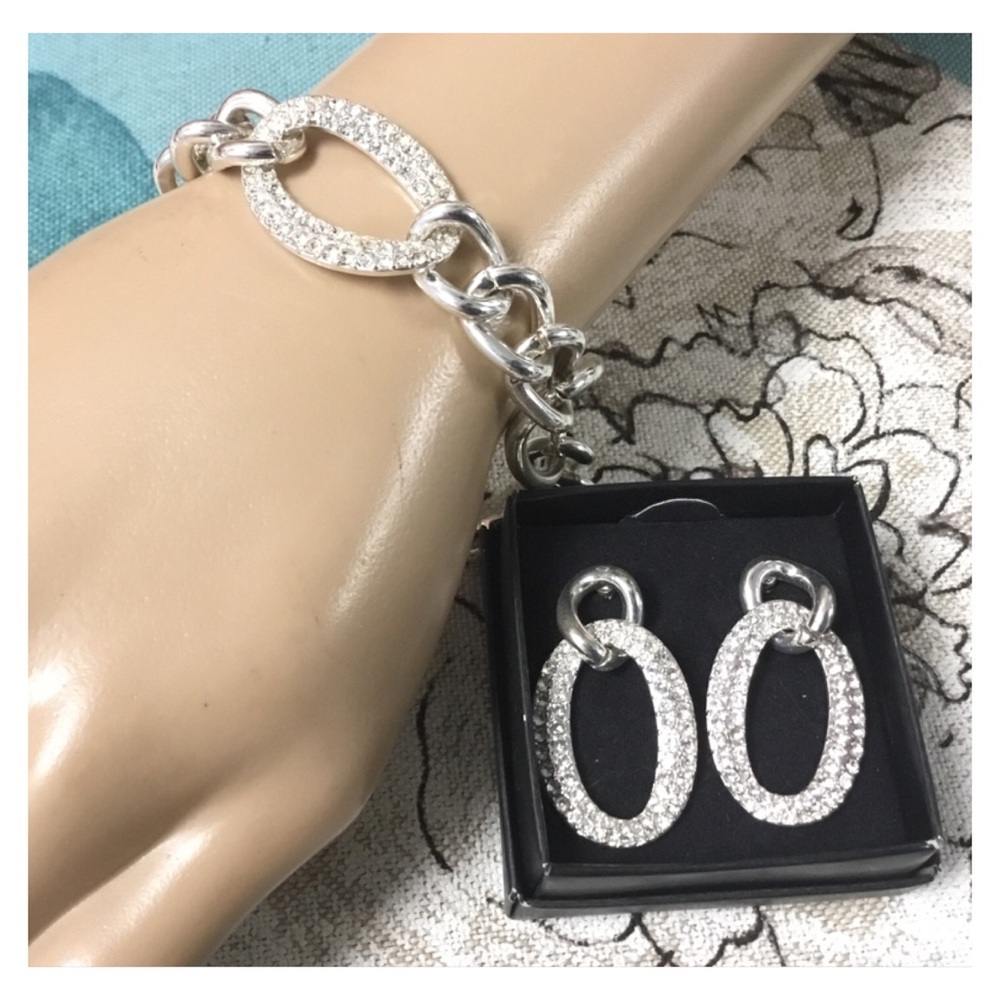 New Silver Rhinestone Bracelet Earrings Set